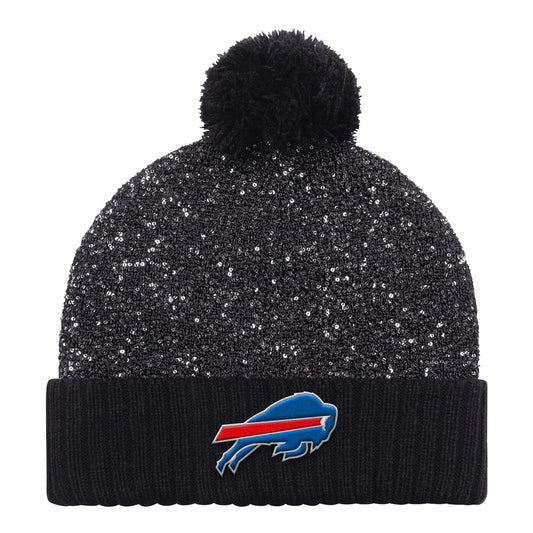Ladies Buffalo Bills Starter Cuff Sequin Pom Knit Hat In Black - Front View