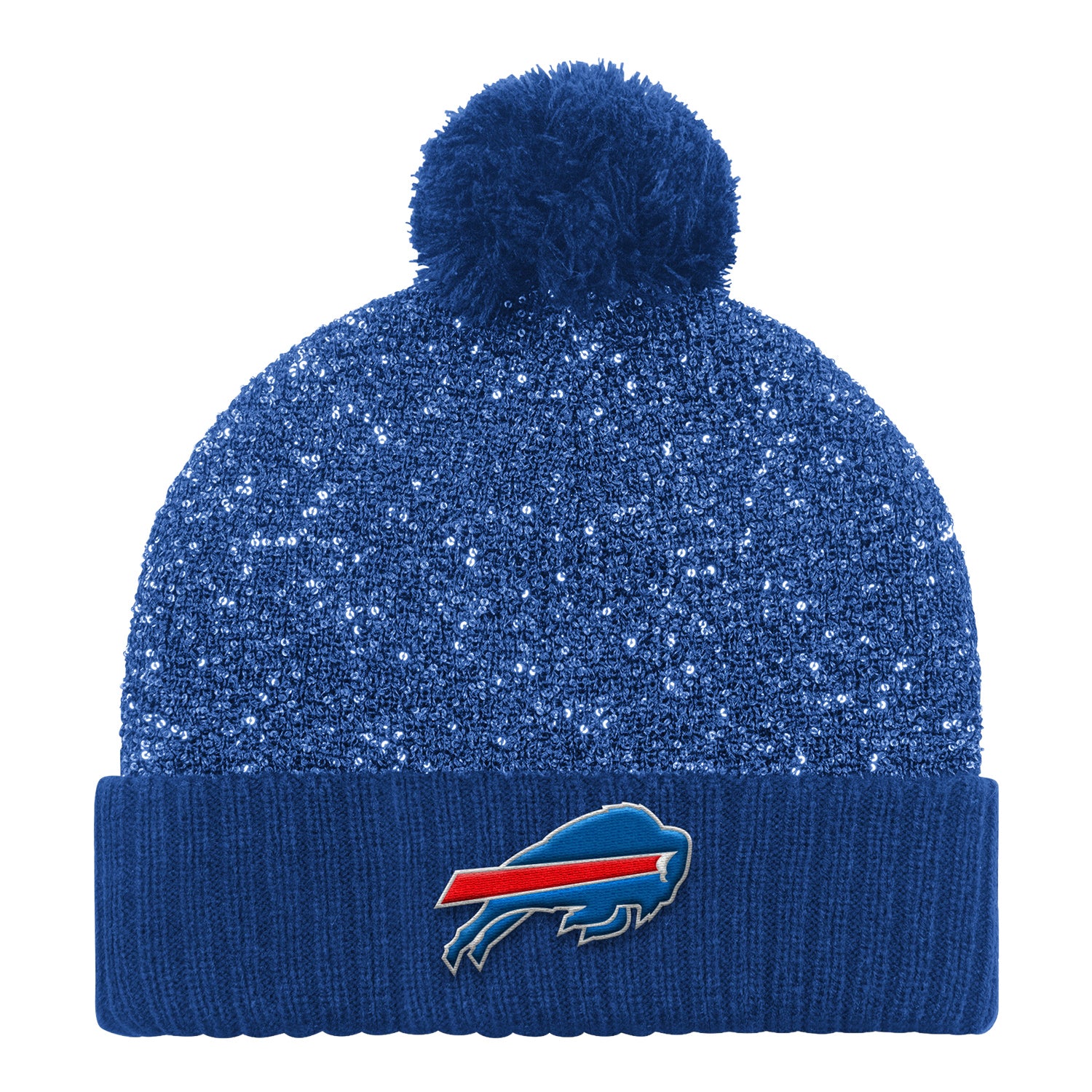 Ladies Buffalo Bills Starter Cuff Sequin Pom Knit Hat In Blue - Front View
