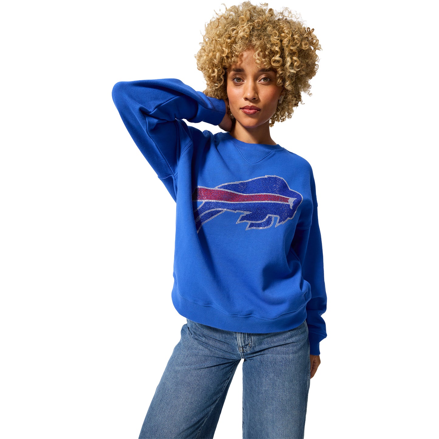 Ladies Buffalo Bills Terez Primary Logo Gems Crewneck Sweatshirt In Blue - Front View