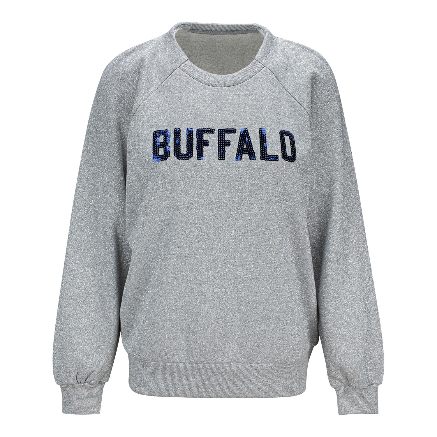 Buffalo Bills GIII Fan Chant Sequin Ladies Crewneck In Grey - Front View