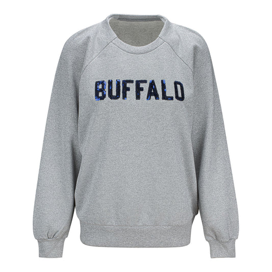 Buffalo Bills GIII Fan Chant Sequin Ladies Crewneck In Grey - Front View