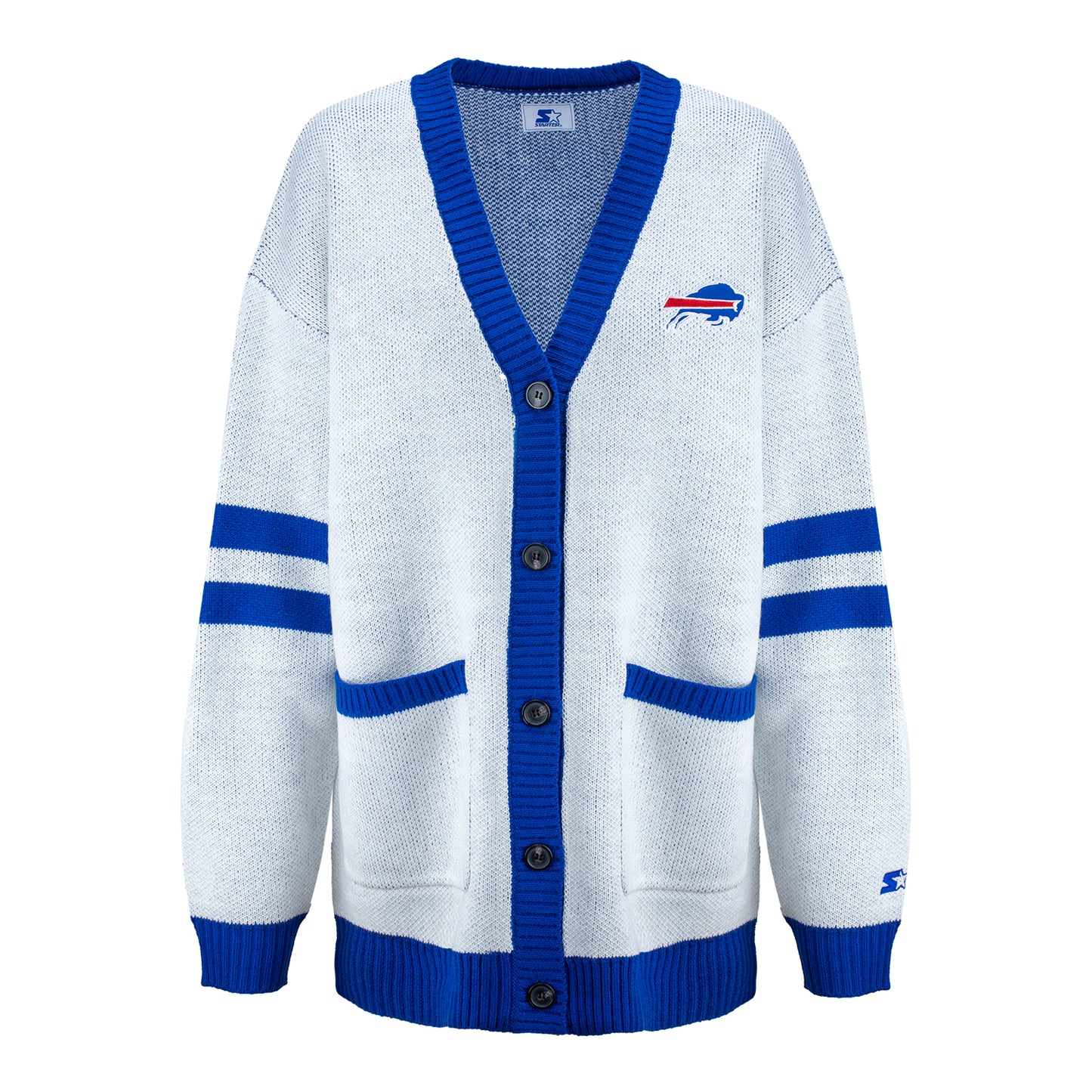 Buffalo Bills Ladies Button-Down Cardigan In White & Blue - Front View