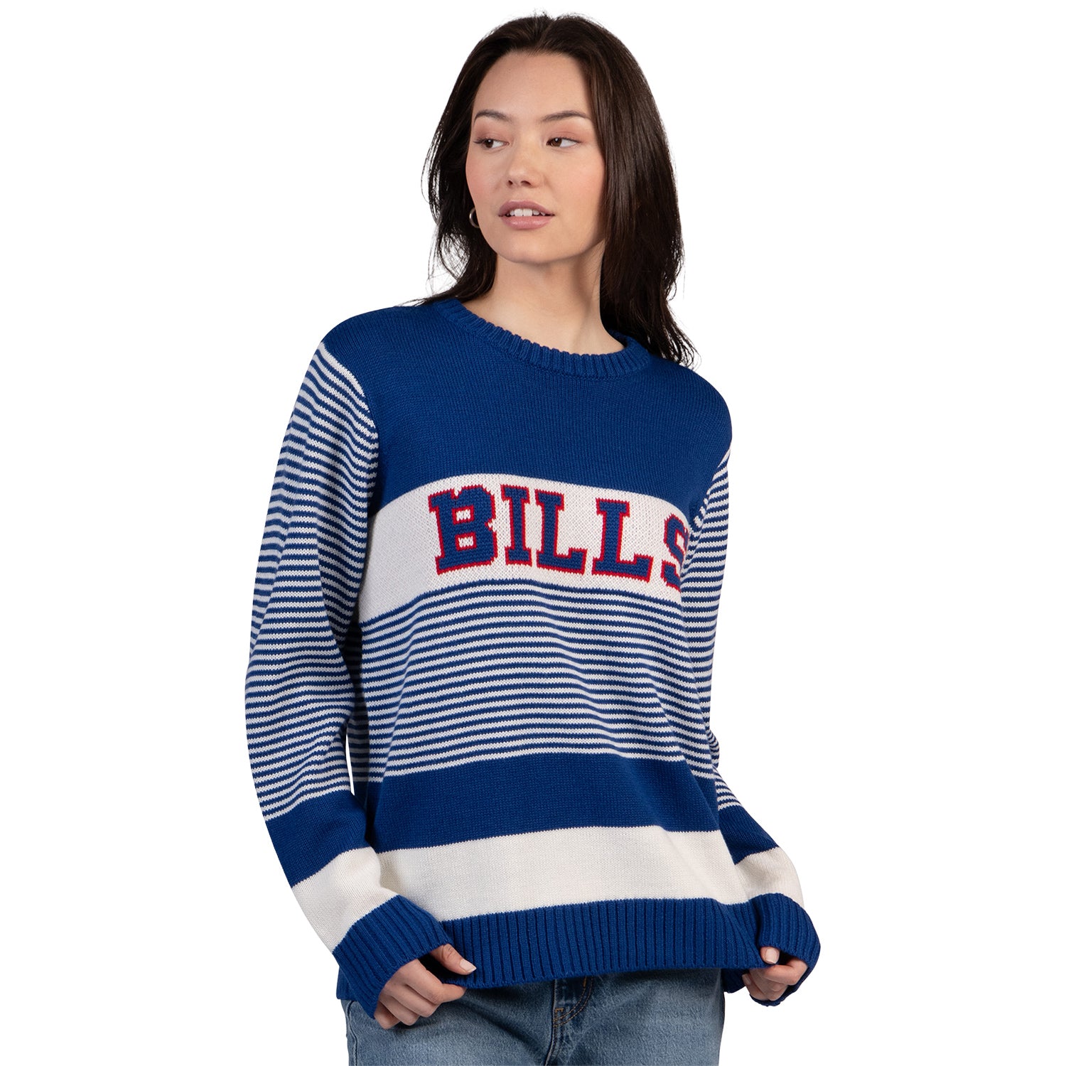 Ladies Buffalo Bills Starter Stripe Crewneck Sweater In Blue - Front View