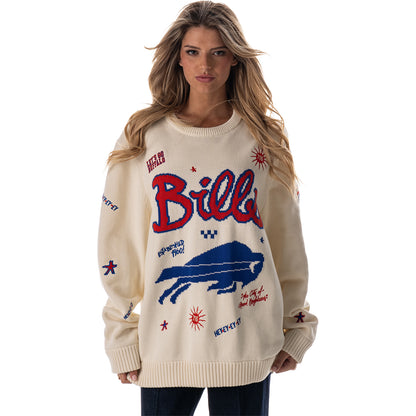 Unisex Bills Jaquard All over Print Script Crew In Cream Female Model - Front View