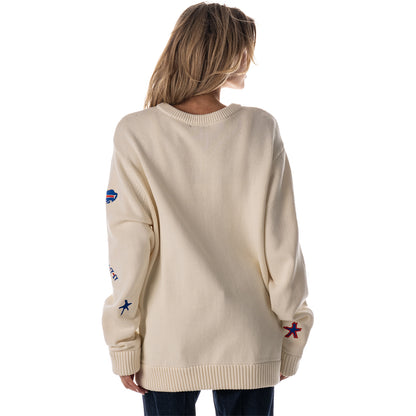 Unisex Bills Jaquard All over Print Script Crew In Cream Female Model - Back View