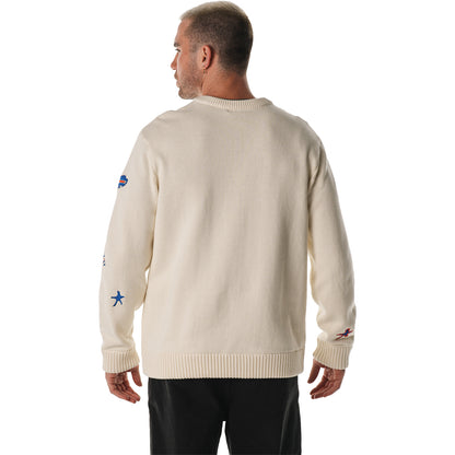 Unisex Bills Jaquard All over Print Script Crew In Cream Male Model - Back View