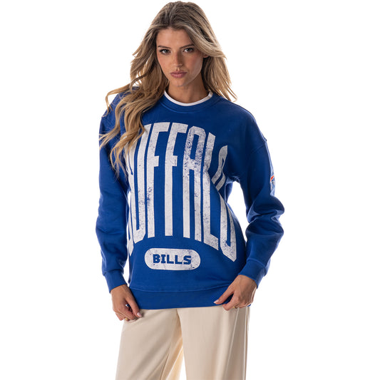 Ladies Buffalo Bills Couble Collar Arch Crewneck In Blue - Front View