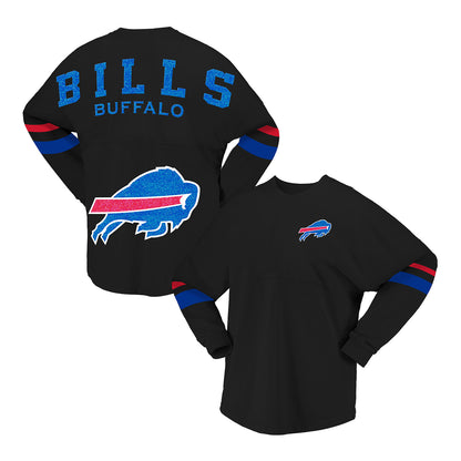 Ladies Buffalo Bills Glitter Stripe Spirit Jersey In Black - Front & Back View