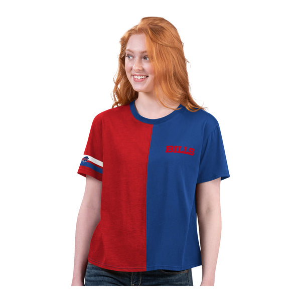 Ladies Bills Starter Split T-Shirt In Blue & Red - Front View