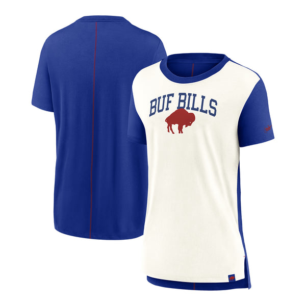 Buffalo Bills Women's Nike Short Sleeve Tri Fash Top In Blue & White - Front & Back View