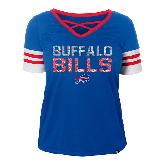 Ladies New Era Buffalo Bills Criss Cross V-neck T-Shirt In Blue - Front View