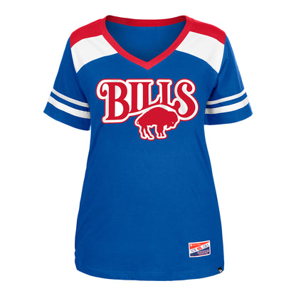 Ladies New Era Buffalo Bills Retro V-neck Shoulder Stripe T-Shirt In Blue - Front View