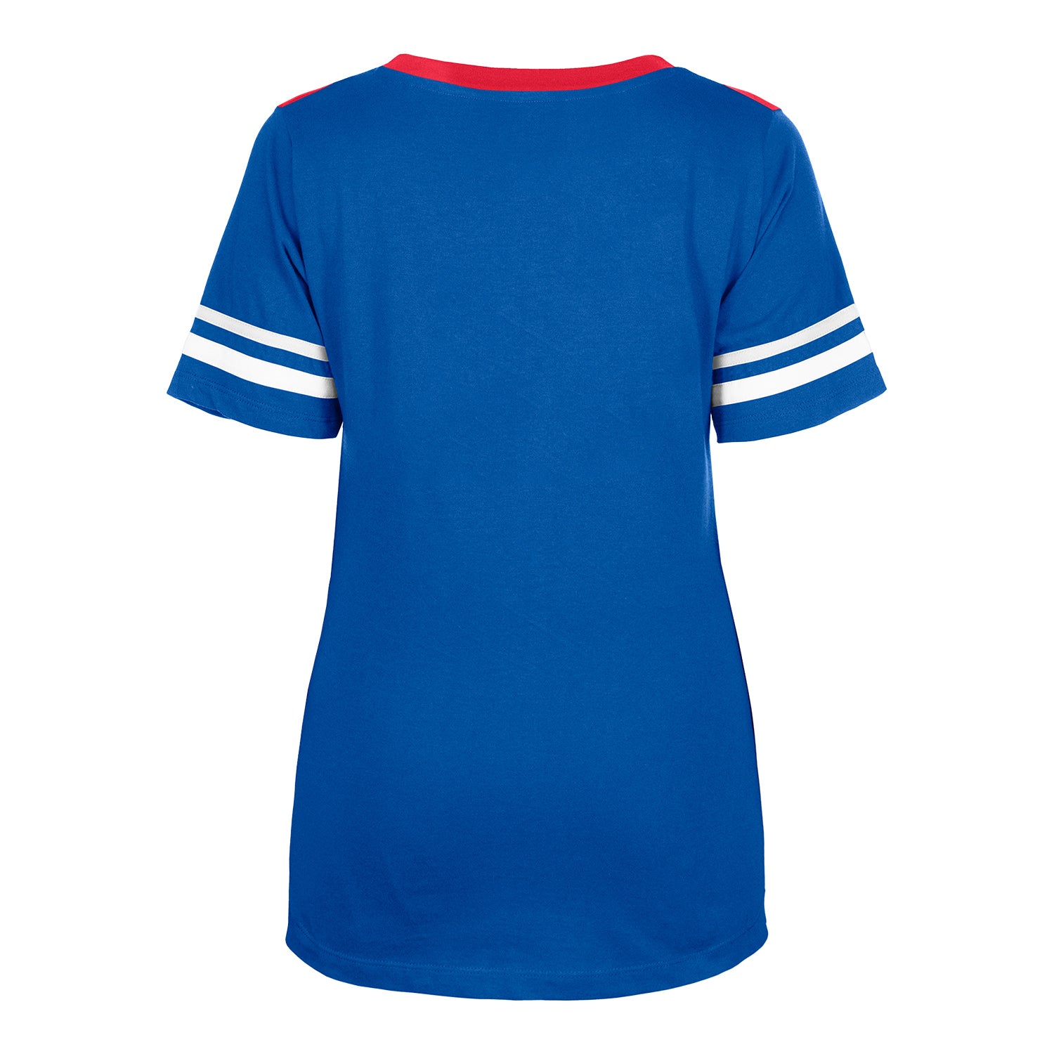 Ladies New Era Buffalo Bills Retro V-neck Shoulder Stripe T-Shirt In Blue - Back View