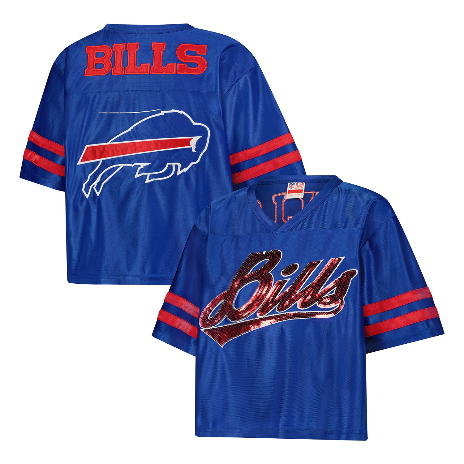 Buffalo Bills Icer Brands Ladies Roman Candle Sequin T-Shirt In Blue - Front & Back View