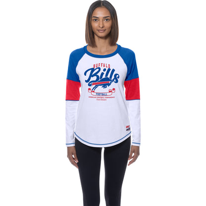 Ladies Buffalo Bills New Era Primary Color Block Long Sleeve T-Shirt In White - Front View