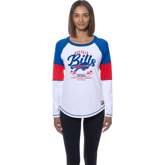 Ladies Buffalo Bills New Era Primary Color Block Long Sleeve T-Shirt In White - Front View