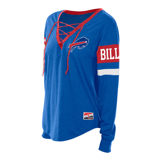 Ladies Bills Drawstring V-Neck Long Sleeve T-Shirt In Blue - Front Side View