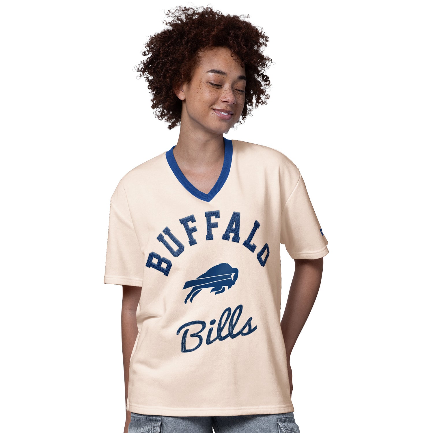 Ladies Buffalo Bills Starter Baseline V-Neck Half Sleeve T-Shirt In Cream - Front View
