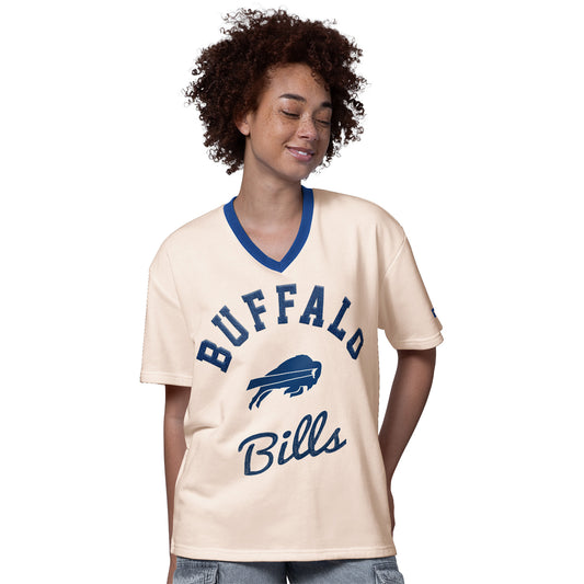 Ladies Buffalo Bills Starter Baseline V-Neck Half Sleeve T-Shirt In Cream - Front View