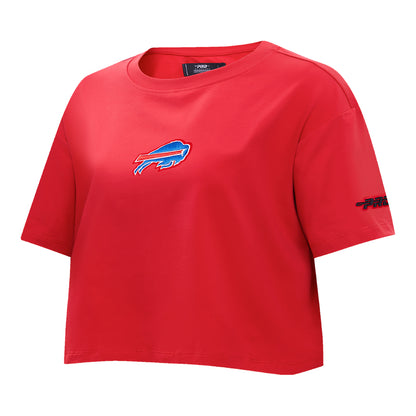 Ladies Buffalo Bills Pro Standard Classic Icon Crewneck Sweatshirt In Cream - Front View In Red - Angled Front Left View