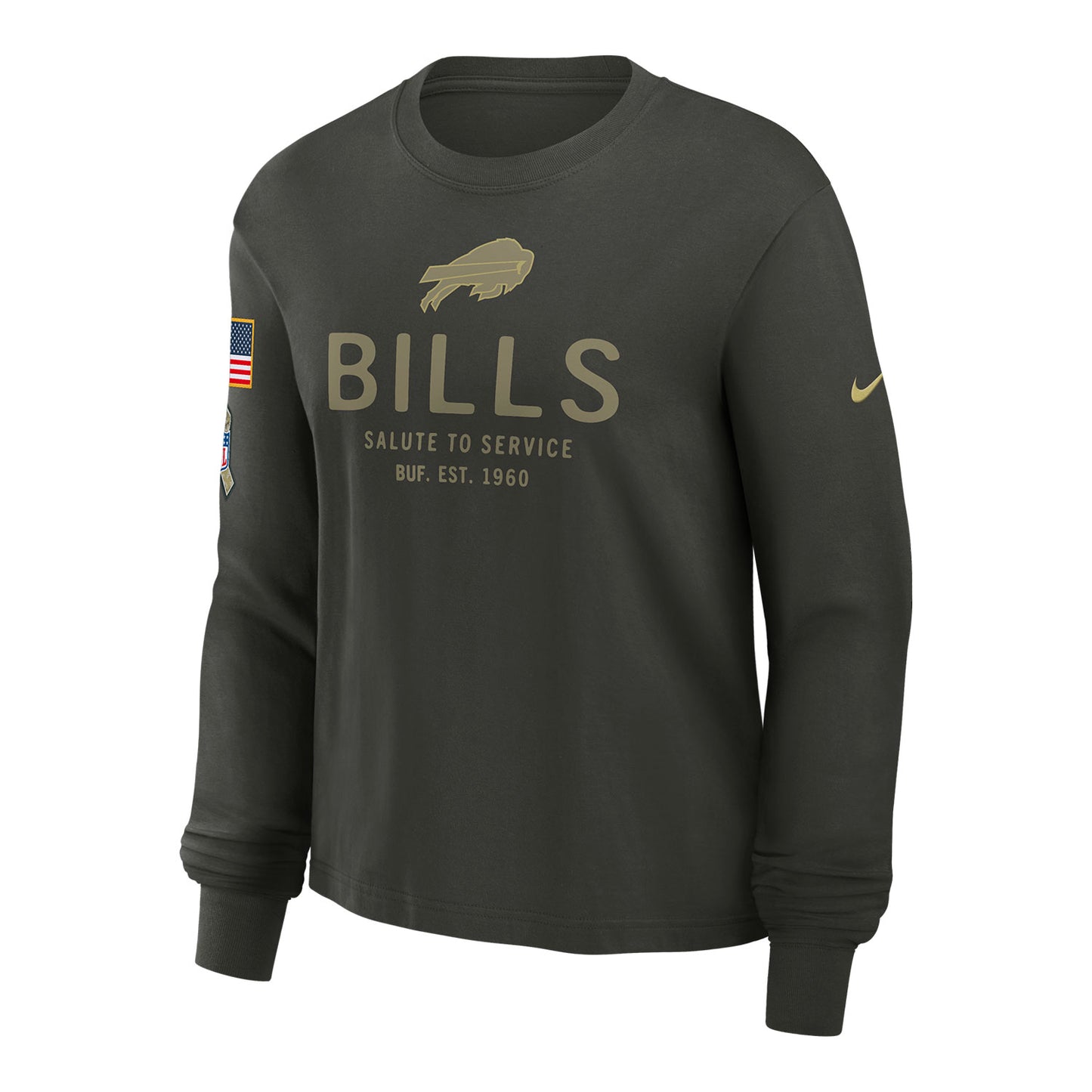 Ladies Buffalo Bills Nike 2025 Salute to Service Long Sleeve T-Shirt In Dark Green - Front View