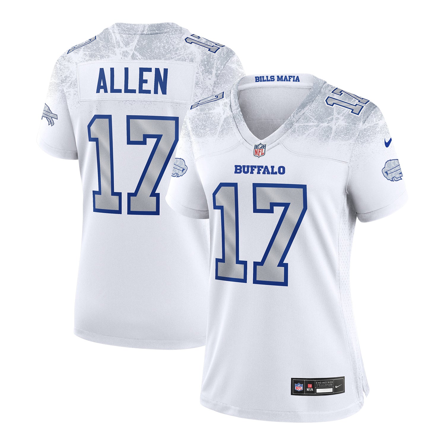 Ladies Josh Allen Buffalo Bills Nike Game Rivalry Series Jersey In White, Silver & Blue - Combined Front & Back View