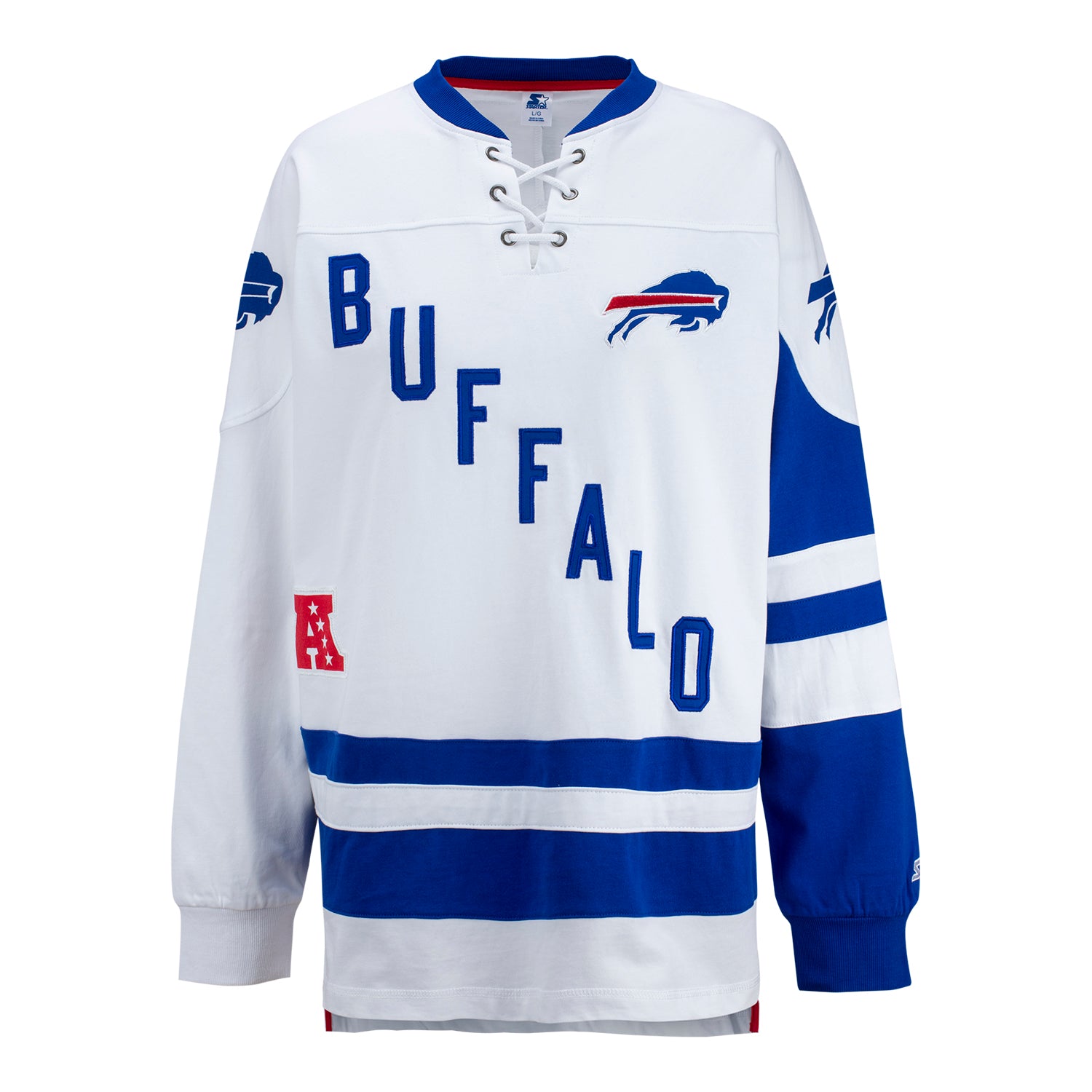 Women's Starter Buffalo Bills Hat Trick Long Sleeve Tunic Top In White & Blue - Front View