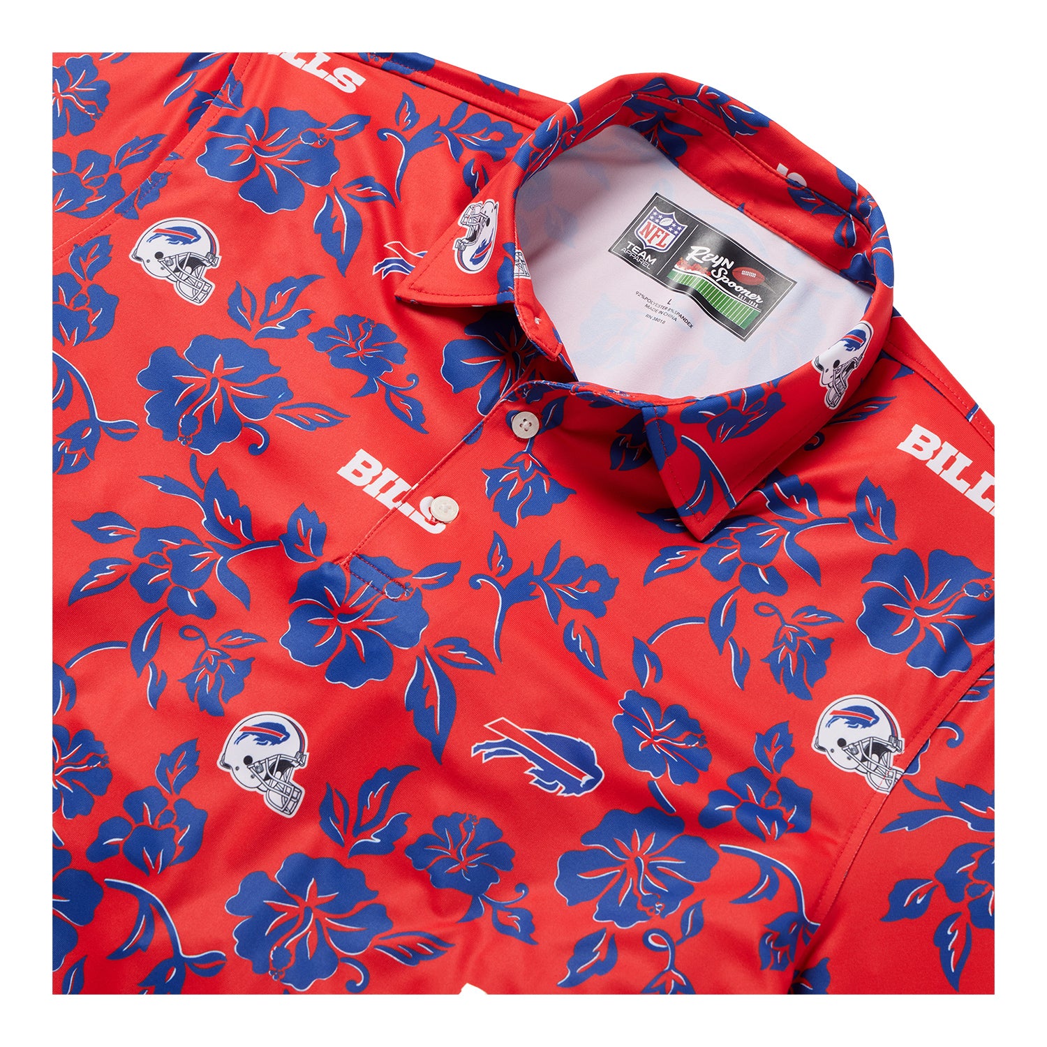 Reyn Spooner Buffalo Bills Pua Performance Polo In Red & Blue - Zoom View On Front Graphic & Tag