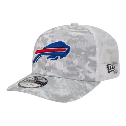 Buffalo Bills New Era 9SEVENTY Trucker Salute to Service 25 Fan Pack Hat In Grey Camouflage - Angled Left Side View