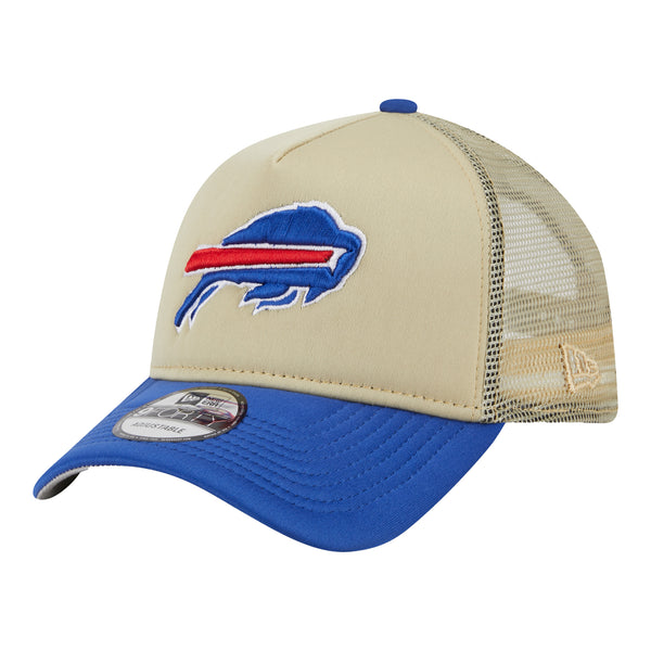 Bills New Era 9FORTY A-Frame All Day Trucker Hat In Tan & Blue - Angled Left Side View