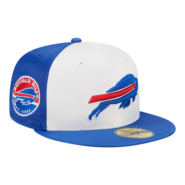 New Era Bills Satin 59FIFTY Fitted Hat In White & Blue - Front Right View