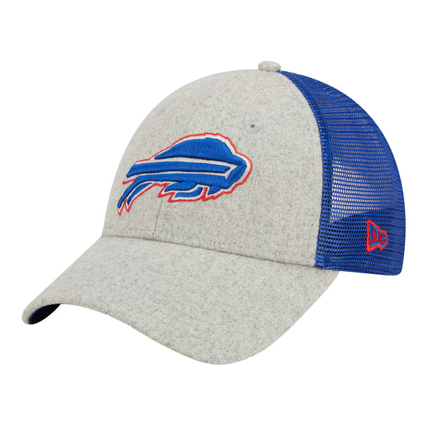 New Era Bills Trucker Adjustable Hat In Grey & Blue - Front Left View