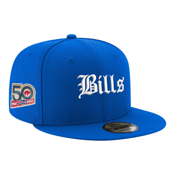 Bills New Era Old English 9FIFTY Snapback Hat In Blue - Angled Right Side View