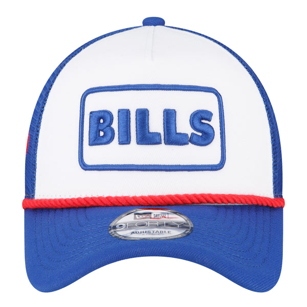 New Era Bills 9FORTY A-Frame Trucker Hat In White & Blue - Front View