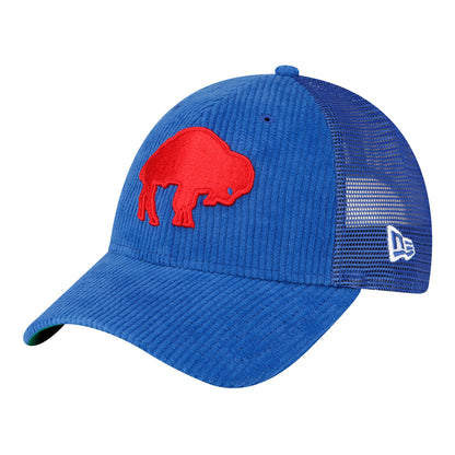 New Era Bills 9FORTY Corduroy Trucker Adjustable Hat In Blue - Front Left View