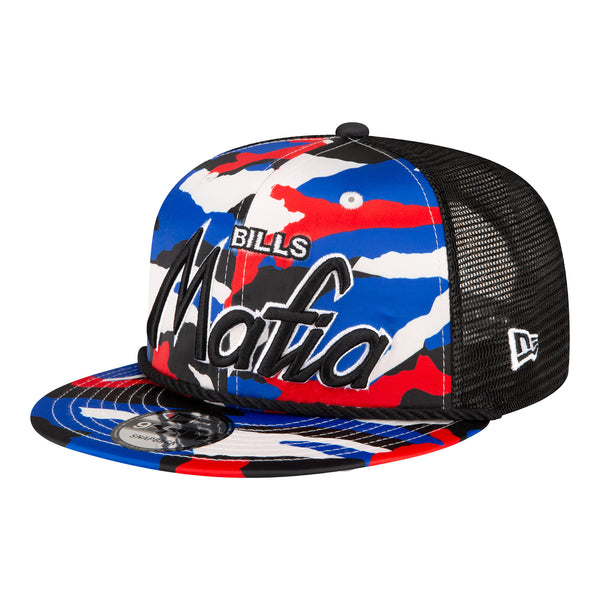 New Era Bills Mafia 9FIFTY Trucker Hat In Team Color Camouflage - Front Left View