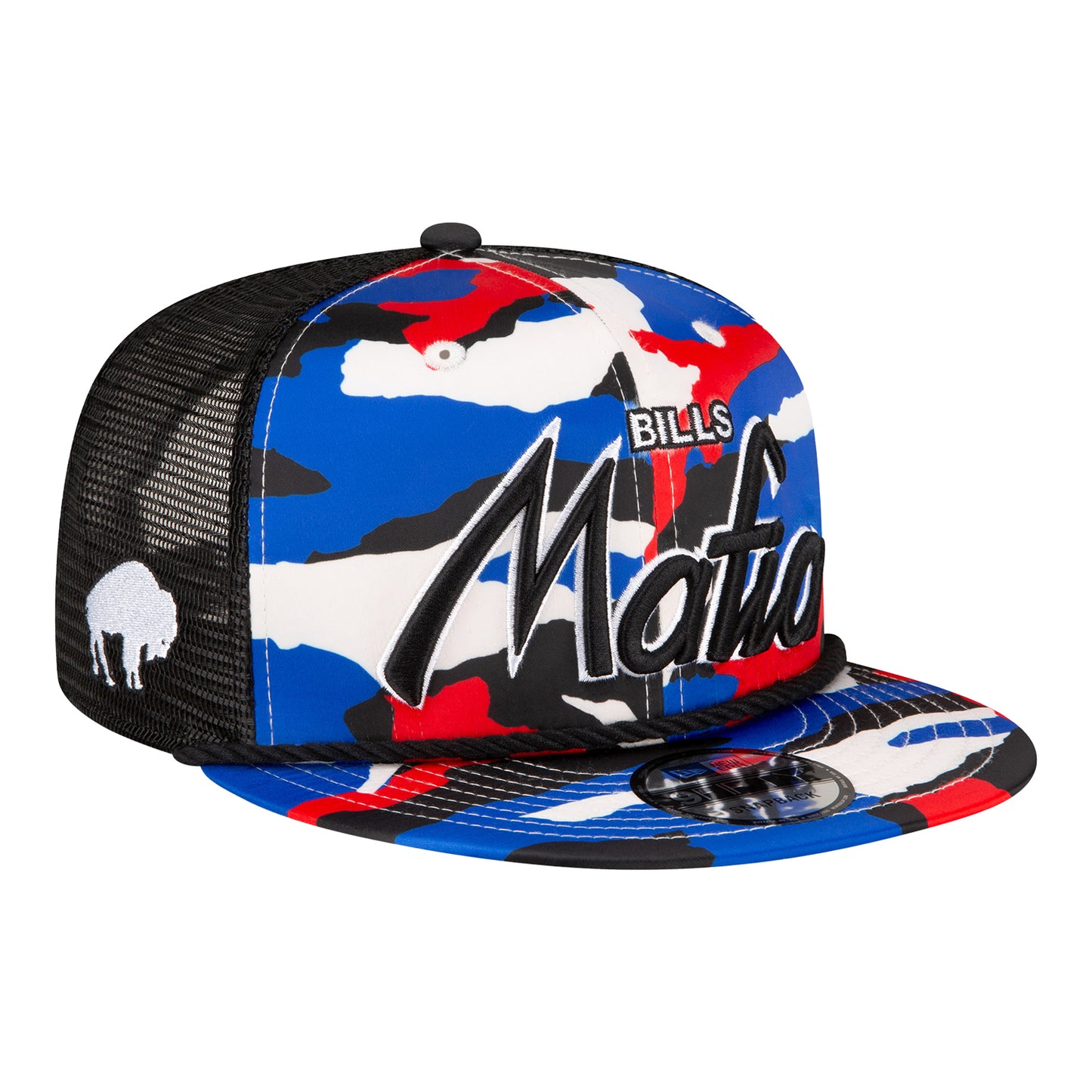 New Era Bills Mafia 9FIFTY Trucker Hat In Team Color Camouflage - Front Right View