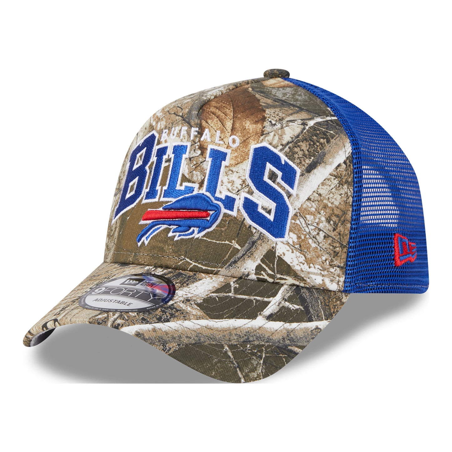 Bills New Era 9FORTY A-Frame Camo Wordmark Hat In Camouflage - Front Left View