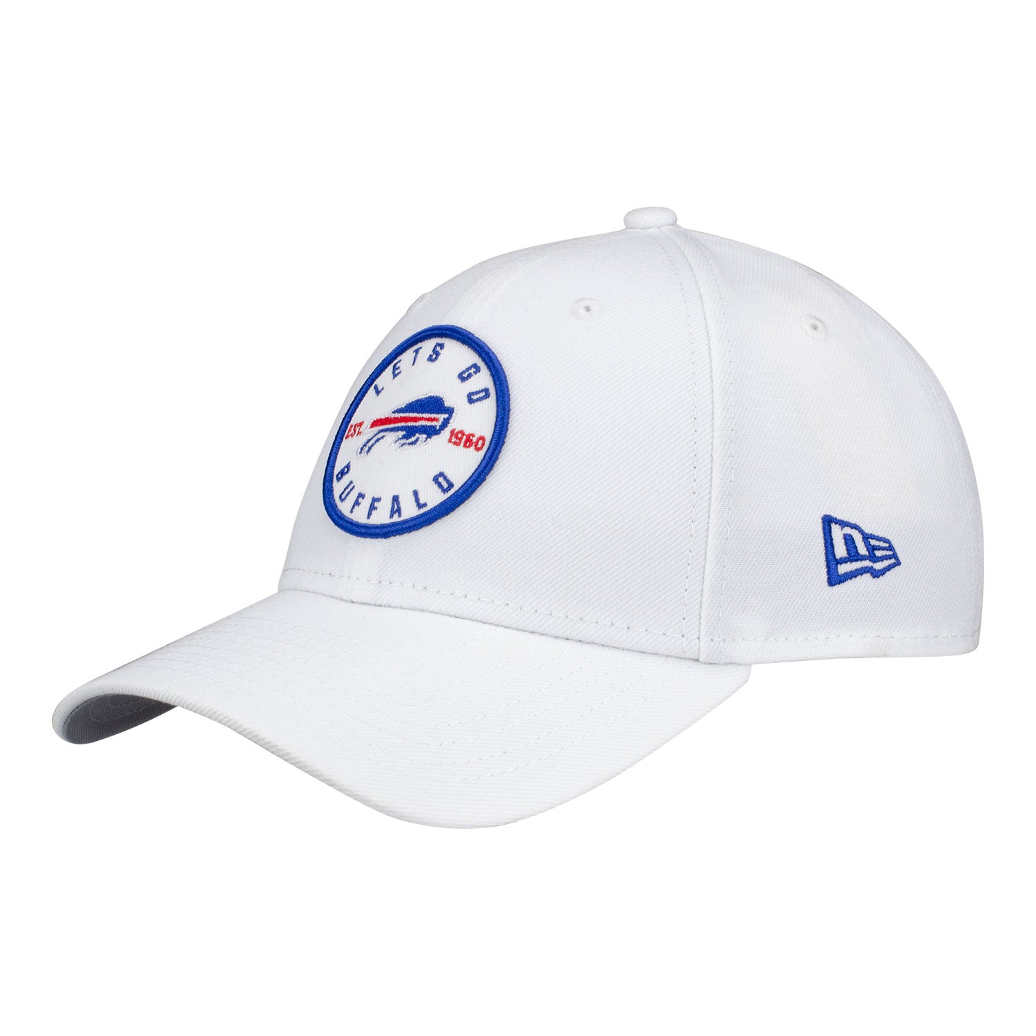 Bills New Era 9FORTY Let's Go Bills Patch Trucker Hat In White - Front Left View