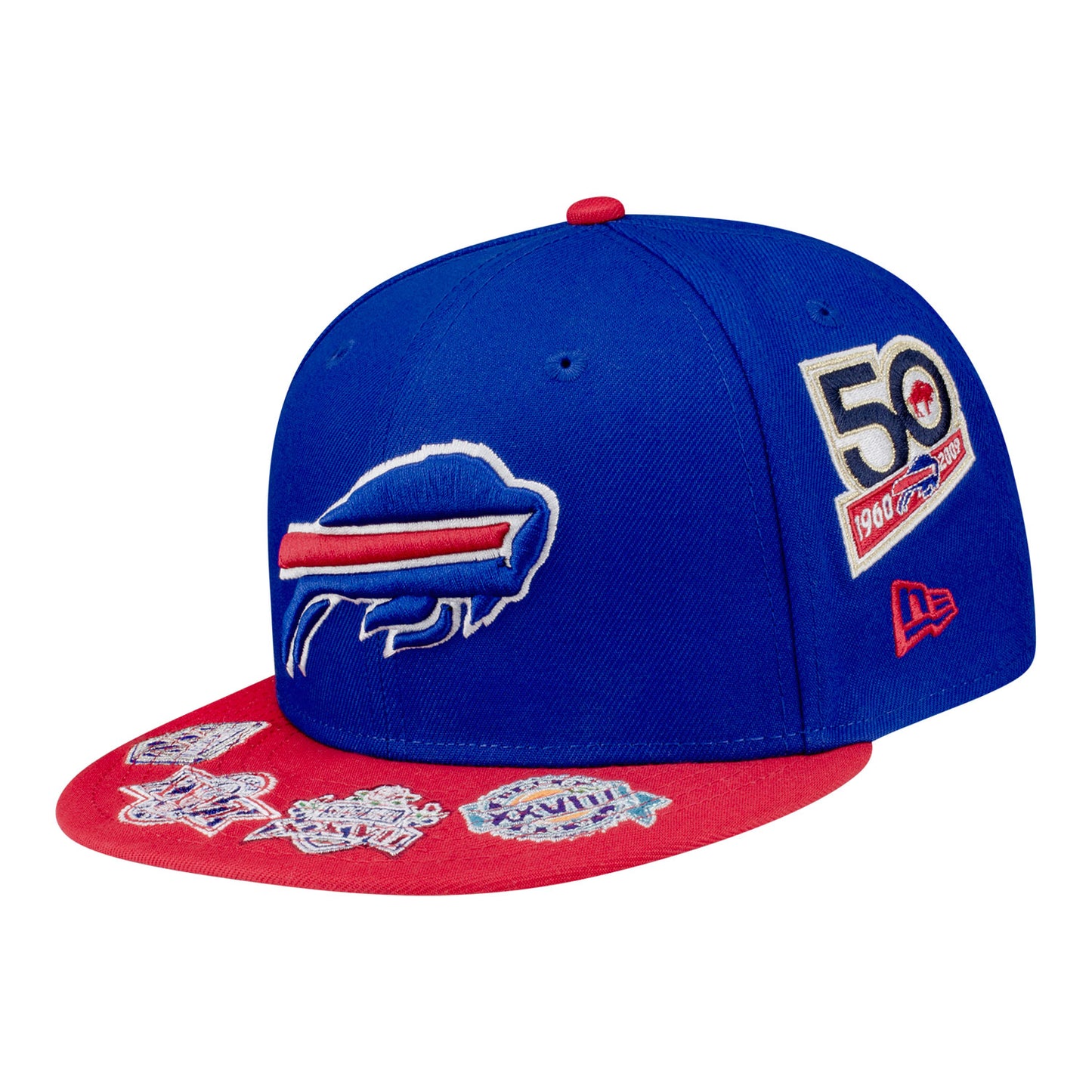 Buffalo Bills New Era 9FIFTY Scatter Logos Hat In Blue - Front Left View