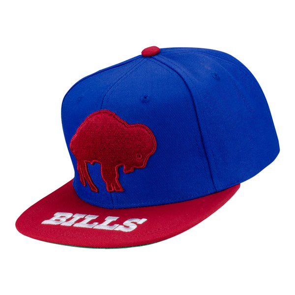 Mitchell & Ness Bills Classic Logo Adjustable Snapback Hat In Blue & Red - Front Left View