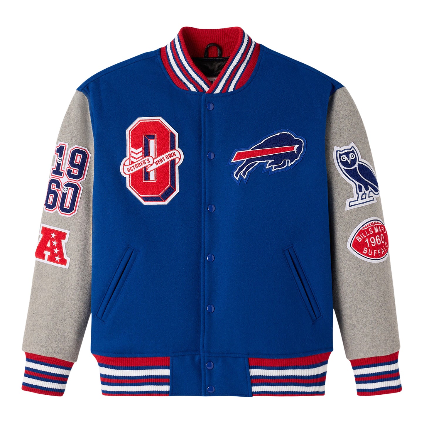 Buffalo Bills OVO Insulated Varsity Jacket In Blue - Front View