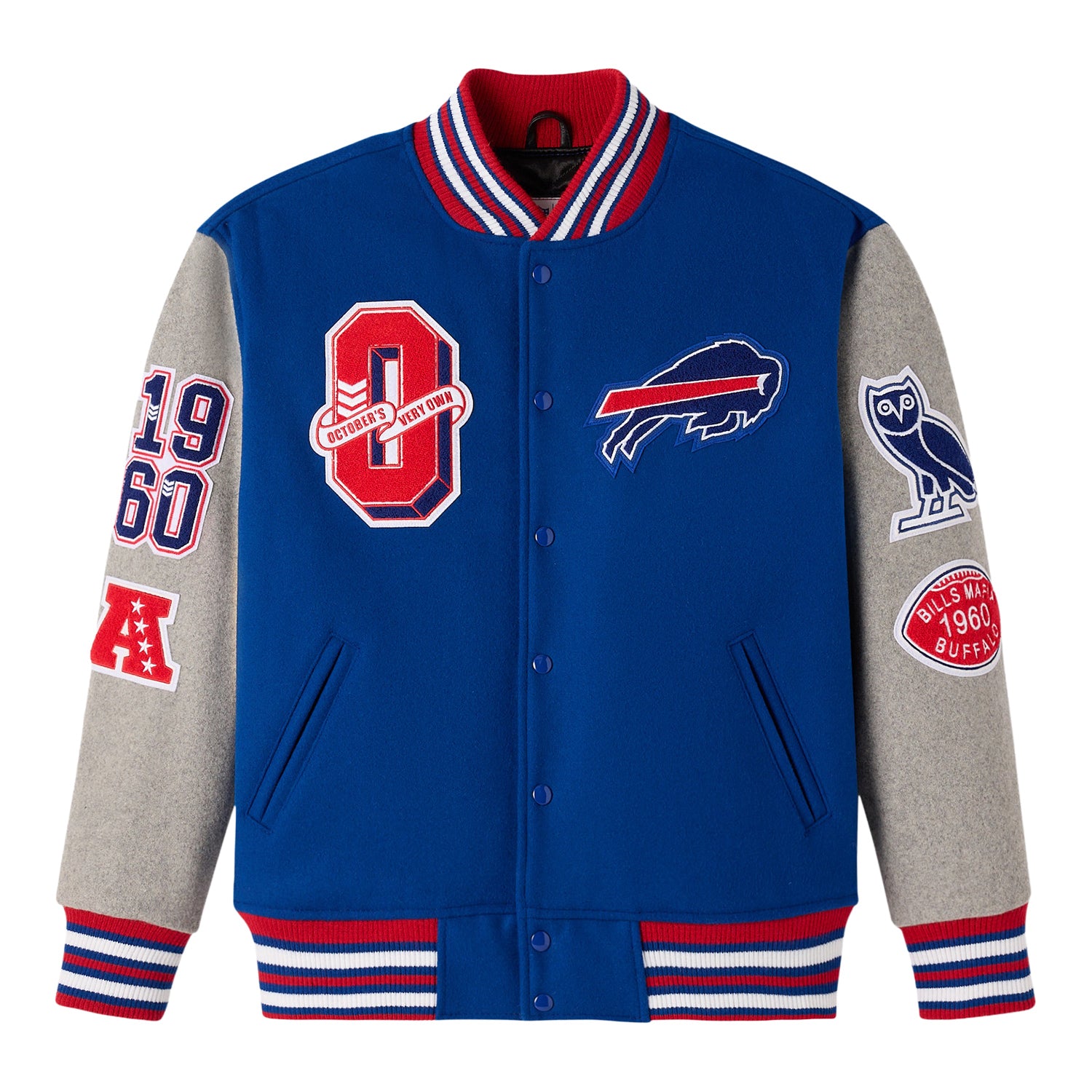 Buffalo Bills OVO Insulated Varsity Jacket In Blue - Front View
