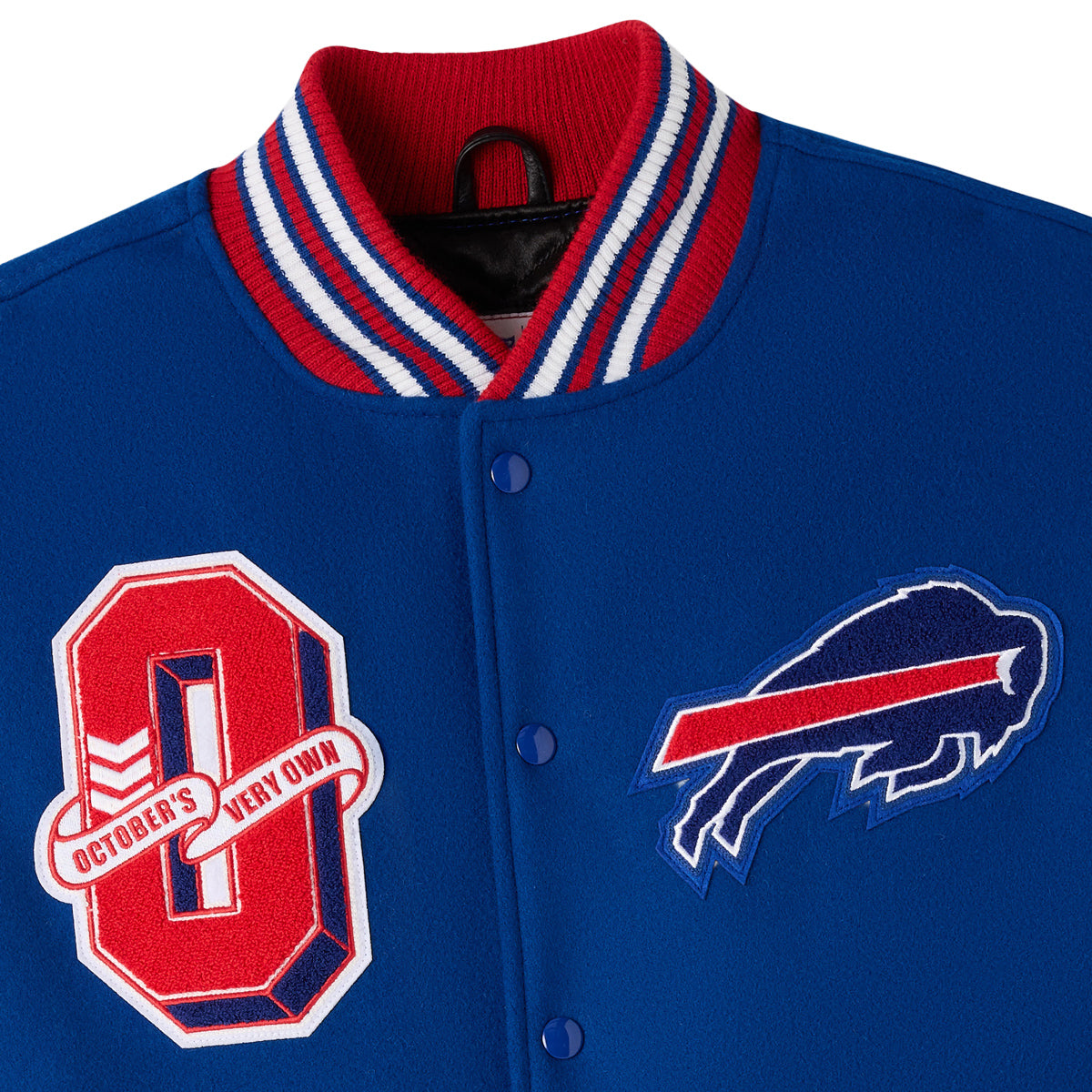 Buffalo Bills OVO Insulated Varsity Jacket In Blue - Collar View