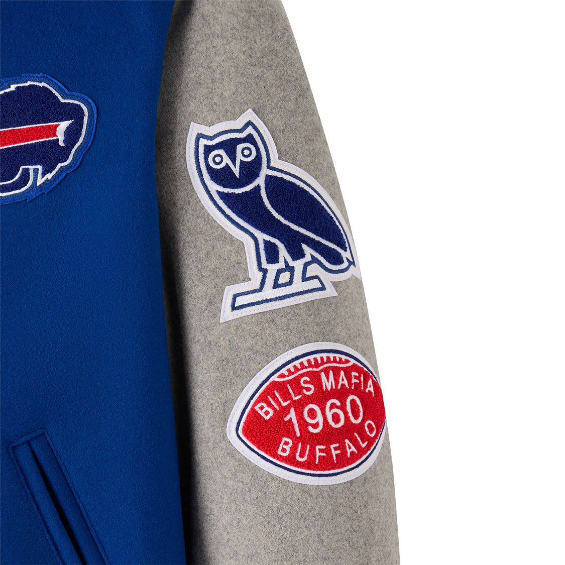 Buffalo Bills OVO Insulated Varsity Jacket In Blue - Arm Patch View