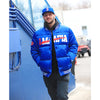 Starter Bills Bronx Bubble Bills Mafia Button Down Jacket In Blue - Front View On Josh Allen