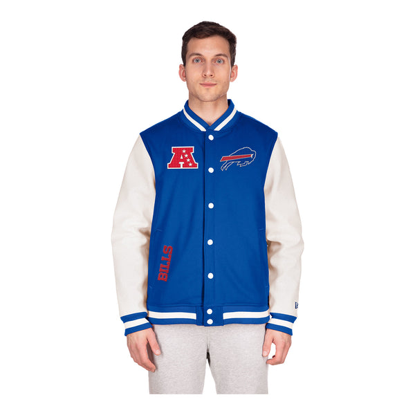 New Era Buffalo Bills Varsity Button-down Jacket In Blue - Front View On Model