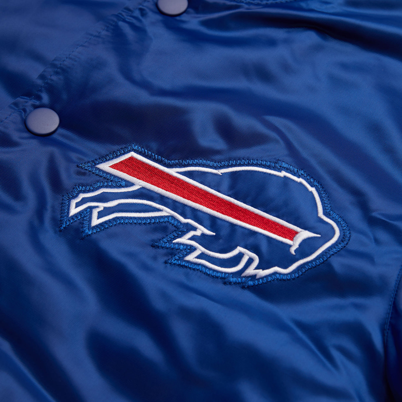 Buffalo Bills Legacy Patch Satin Snap Jacket In Blue - Zoom View On Left Chest Logo