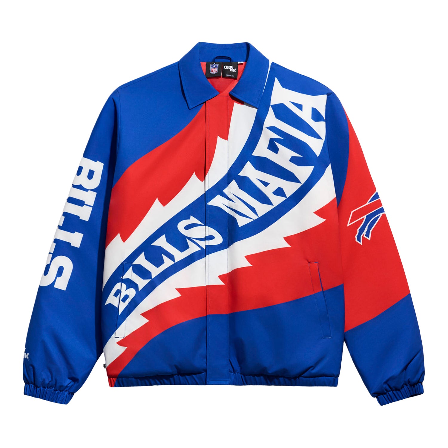 Buffalo Bills Chalkline Bills Mafia Saw Blade Puffer Jacket In Blue & Red - Front View