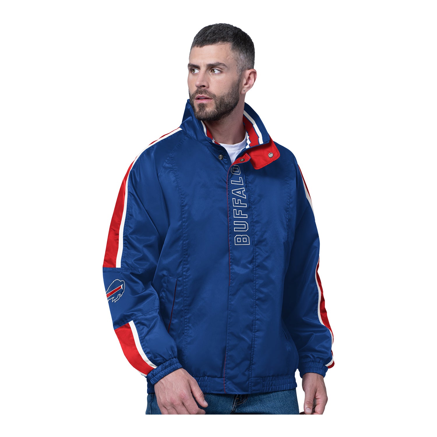 Buffalo Bills Starter Freestyle Full Zip Nylon Jacket In Blue - Front View On Model